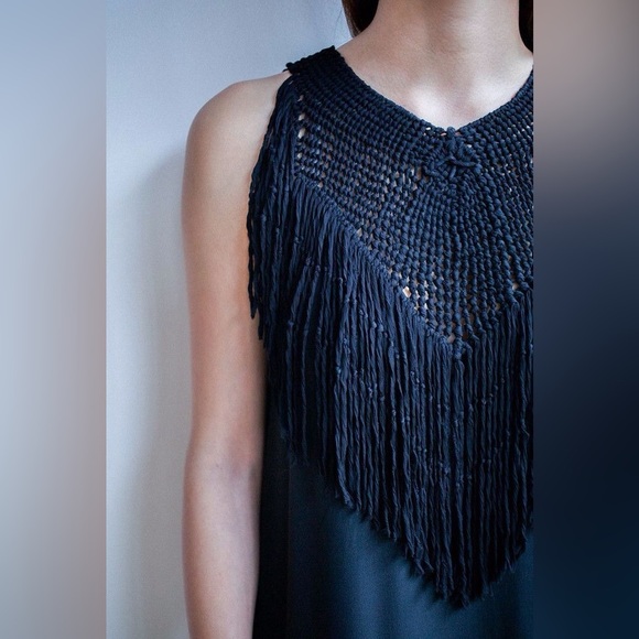 Ulla Johnson Silk Midi Dress Black Fringe Tiered Crochet Yoke Boho Chic Size 2 - Picture 4 of 14